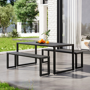 Slatted Garden Table with Parasol Hole and Benches Set