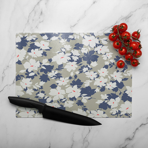 Grey Purple  White Flowers Glass Chopping Board-large