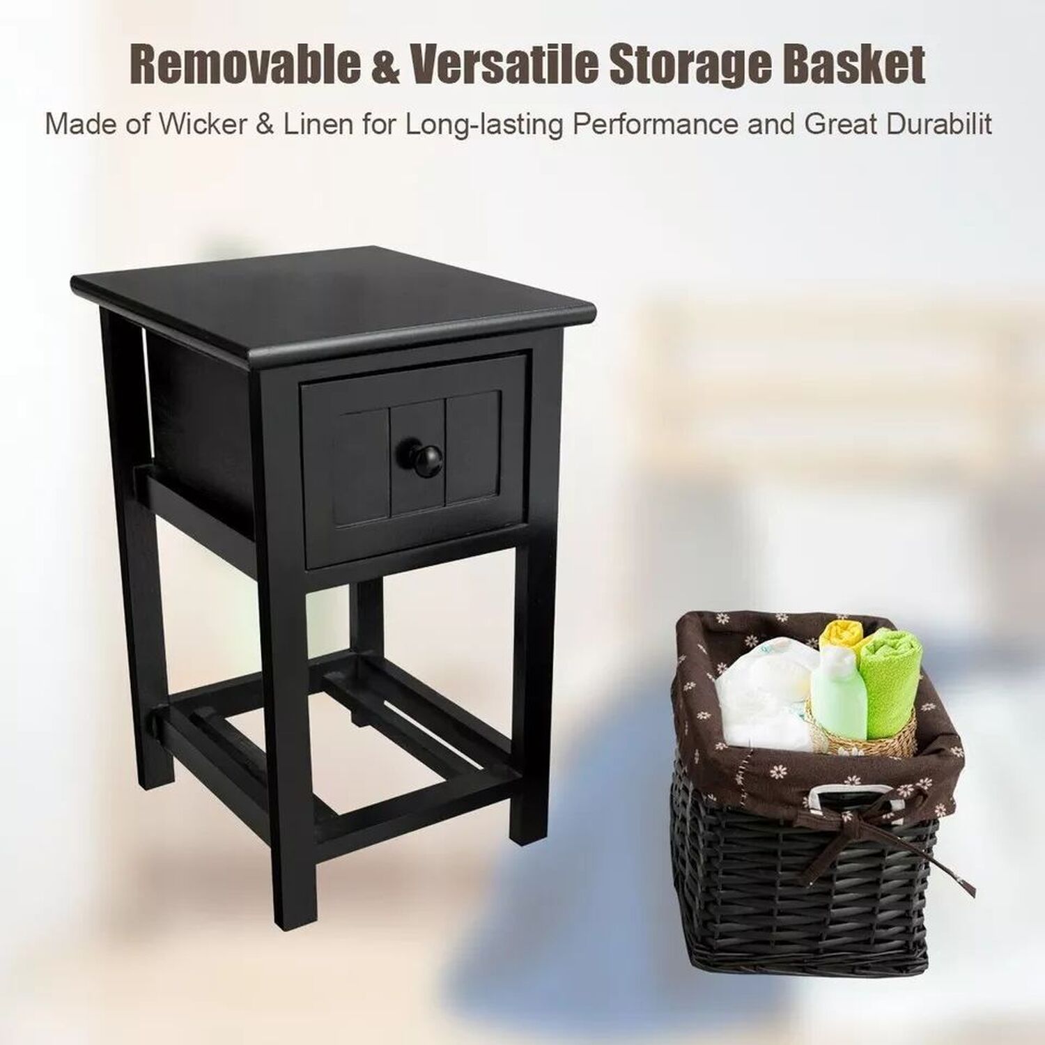 Set Of 2 Bedside Tables With Baskets - Black