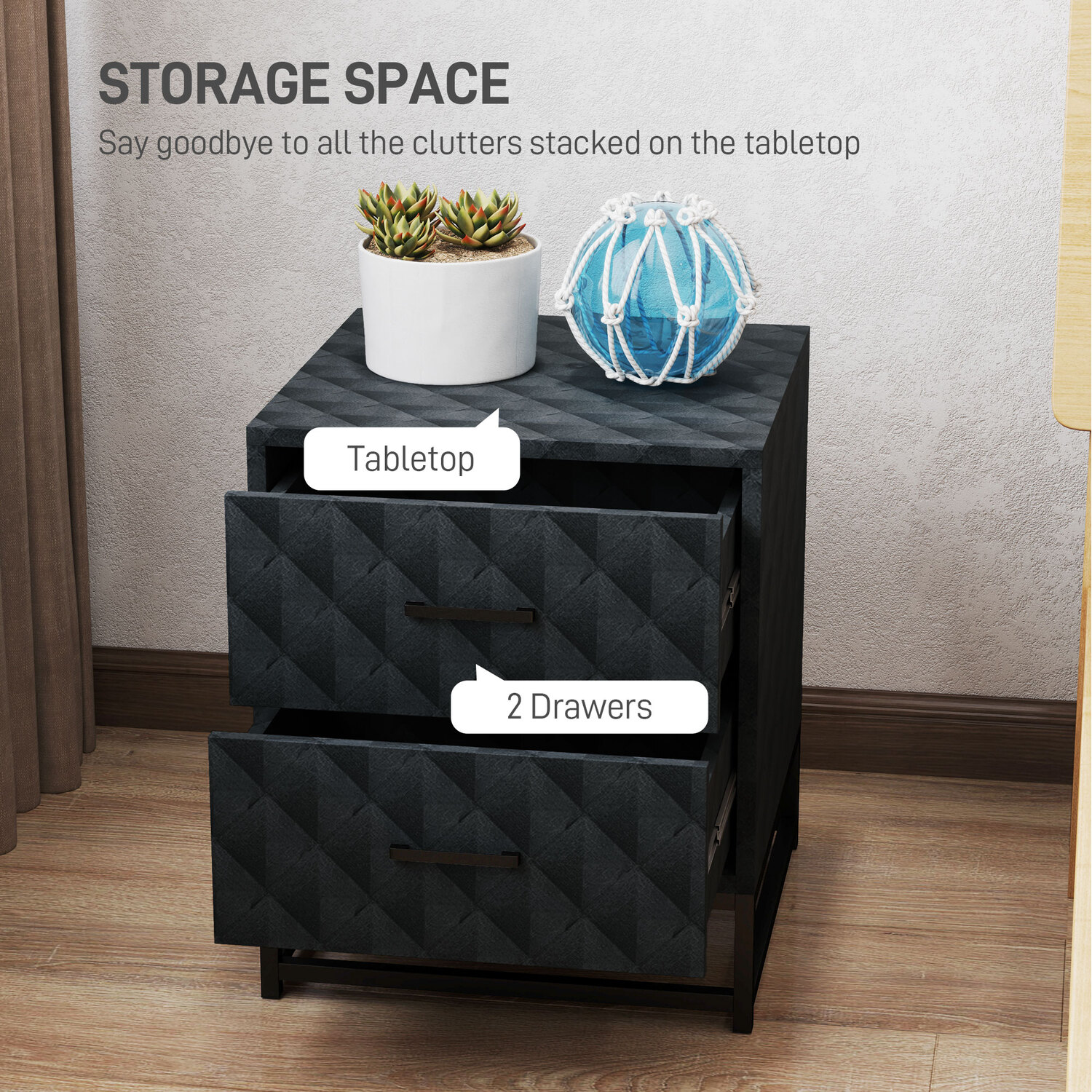 Homcom Bedside Table Side Table Set With Diamond Patterned Veneer - Black