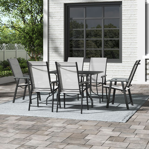 Metal Slatted Coffee Table Set with Parasol Hole and 6 Chairs