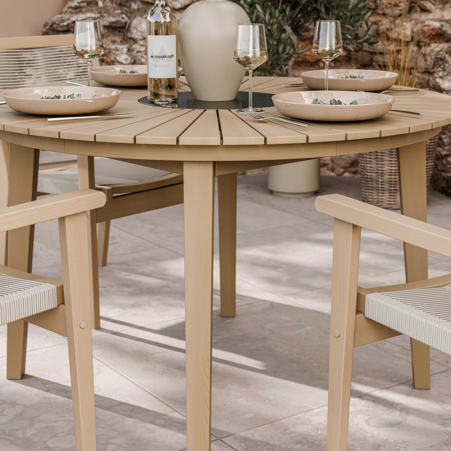 Roma 5 Piece Round Sunray Dining Set - Black Roma Rope Stacking Chairs