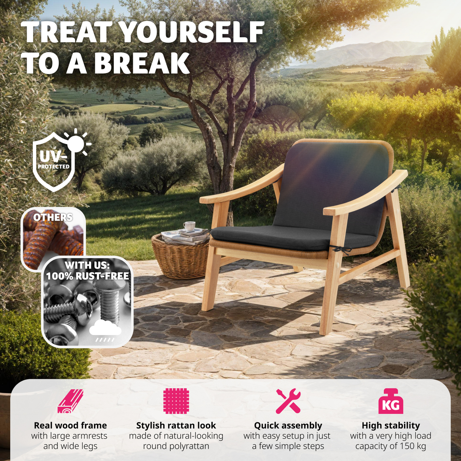 Rattan Garden Chair - Varnished Wooden Frame Lounge Armchair - Nature