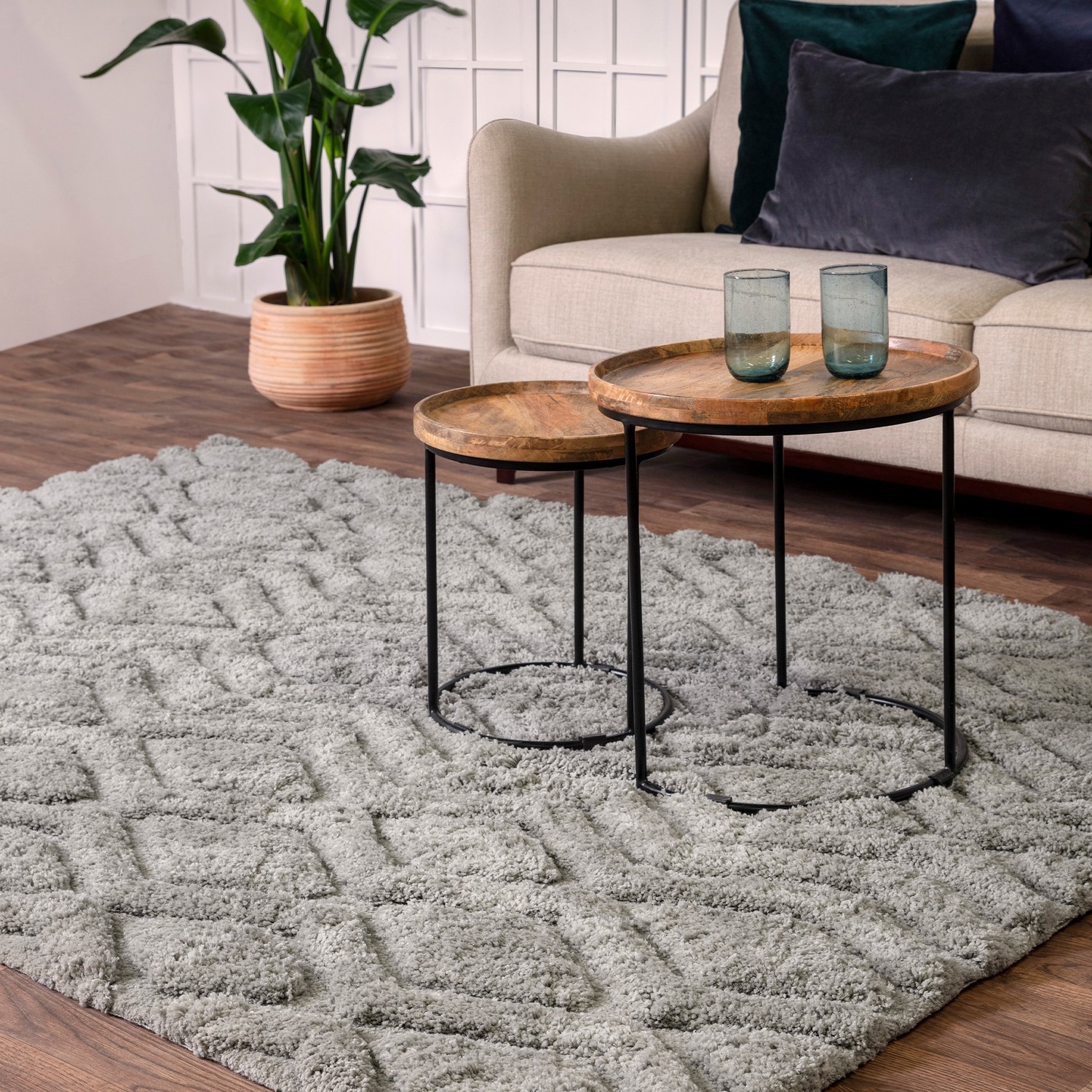 Silver Geometric Carved Shaggy 40mm Area Rug - Harrison