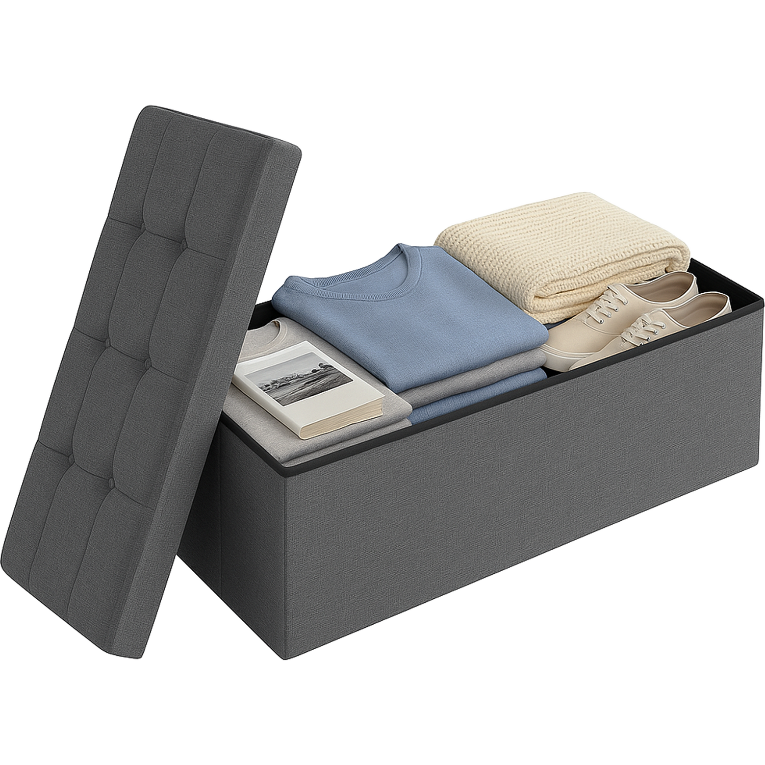 Grey Upholstered Foldable Storage Ottoman Bench - Grey