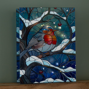 Light up Stained Glass Christmas Decoration with Robin and LEDs