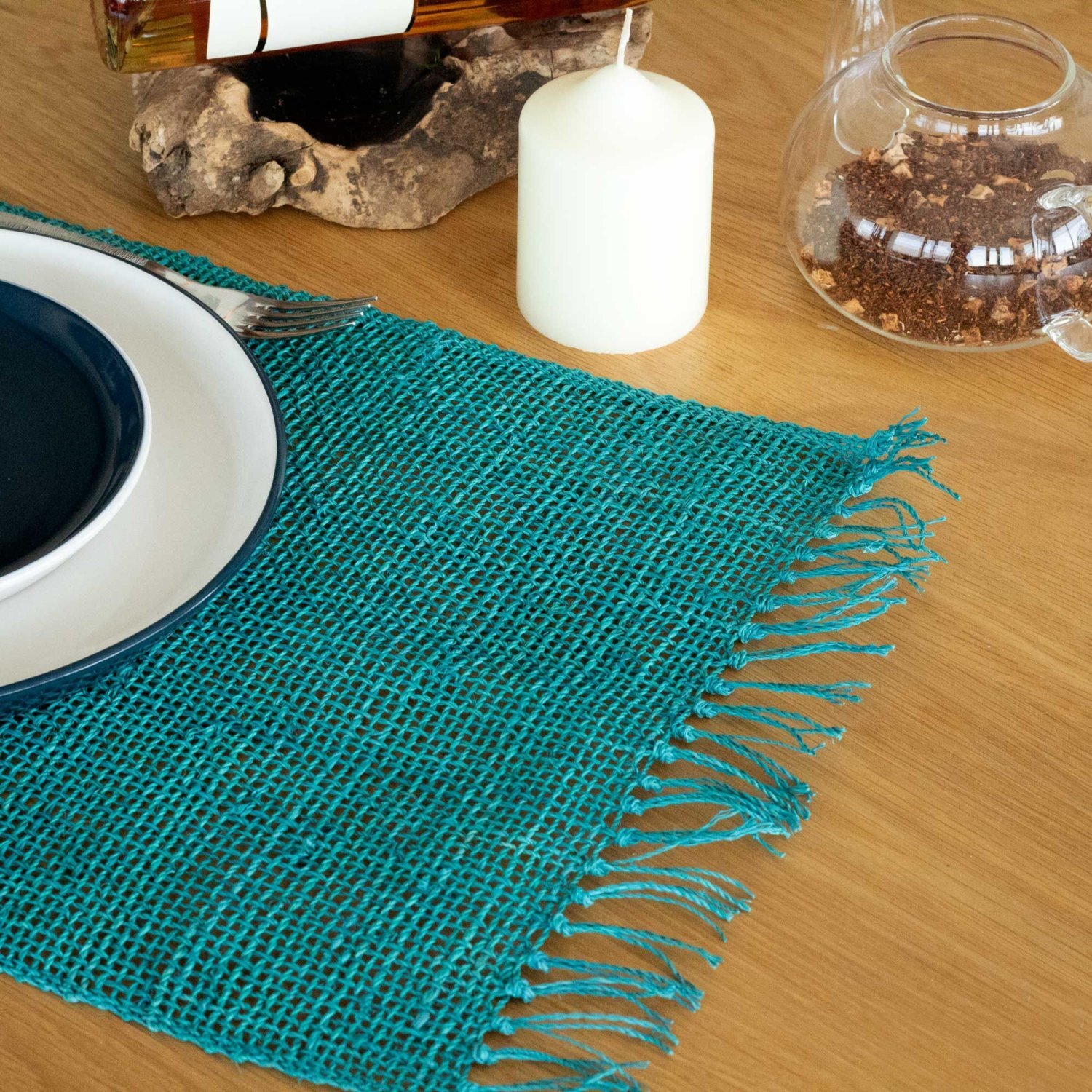 Image of Seagrass Fringe Placemat Eco Friendly Turquoise&hellip;