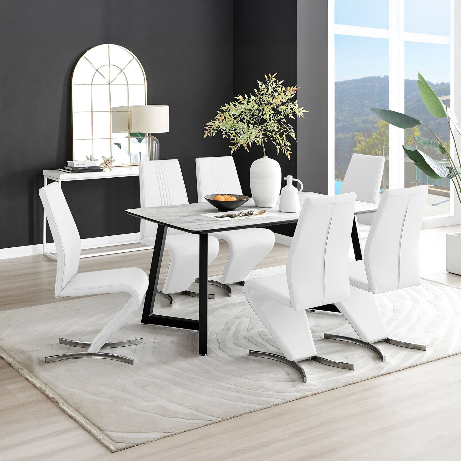 Carson White Marble Effect Dining Table and 6 Willow Chairs - White