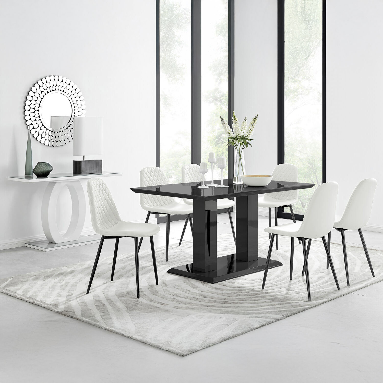 Imperia 6 Black Dining Table and 6 Corona Black Leg Chairs - White