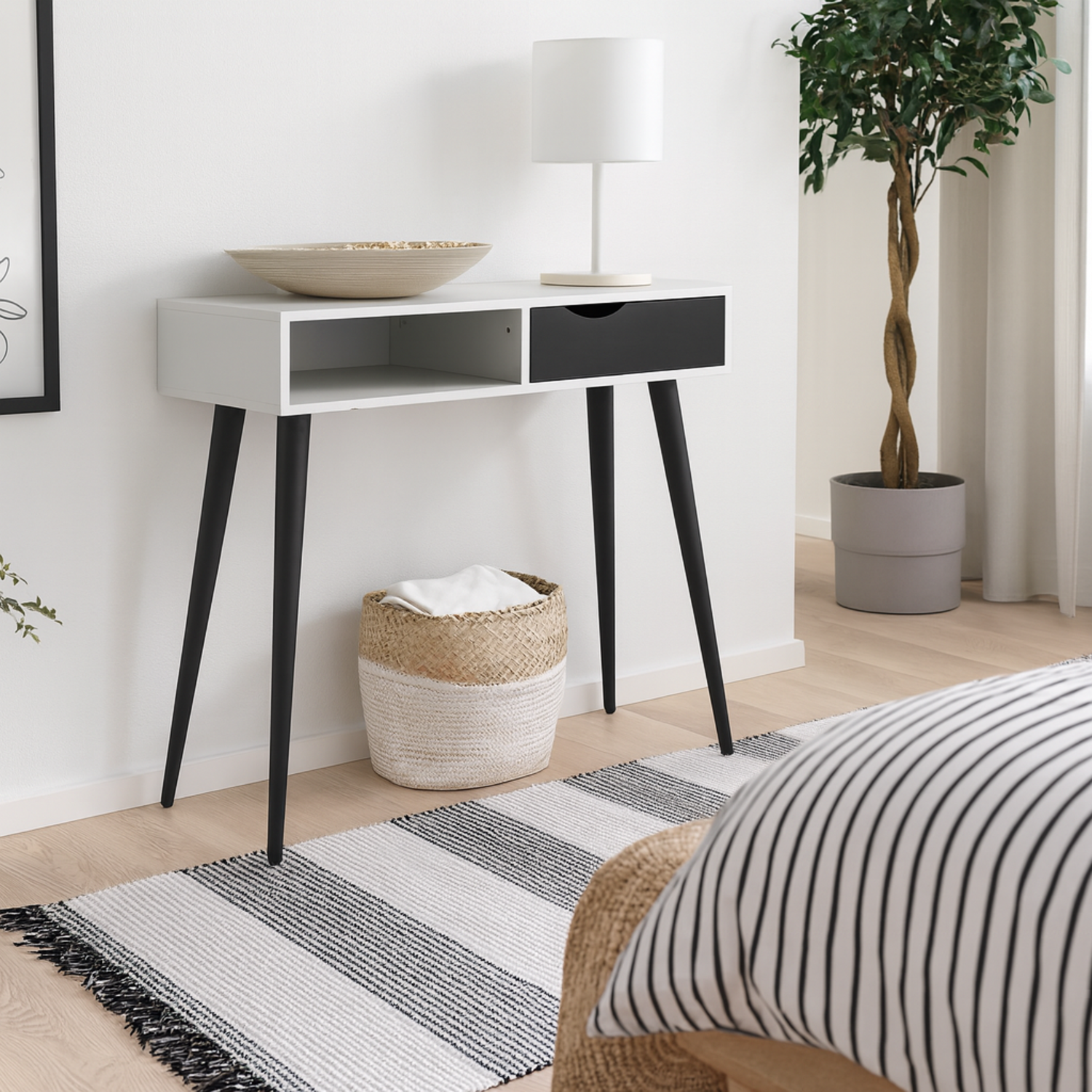 Sapporo Console Table ¿ White Top with Matt Black Frame, 1 Drawer 1 Shelf - White and Black