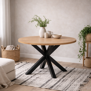 Perth 120cm Round Oak Veneer Dining Table with Matt Black Metal Legs