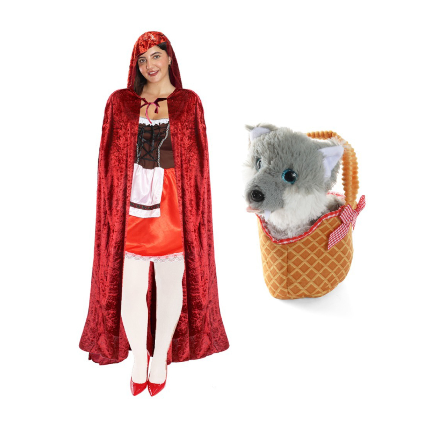 Red Riding Hood Costume - Dress, Cape, Tights & Wolf in Basket