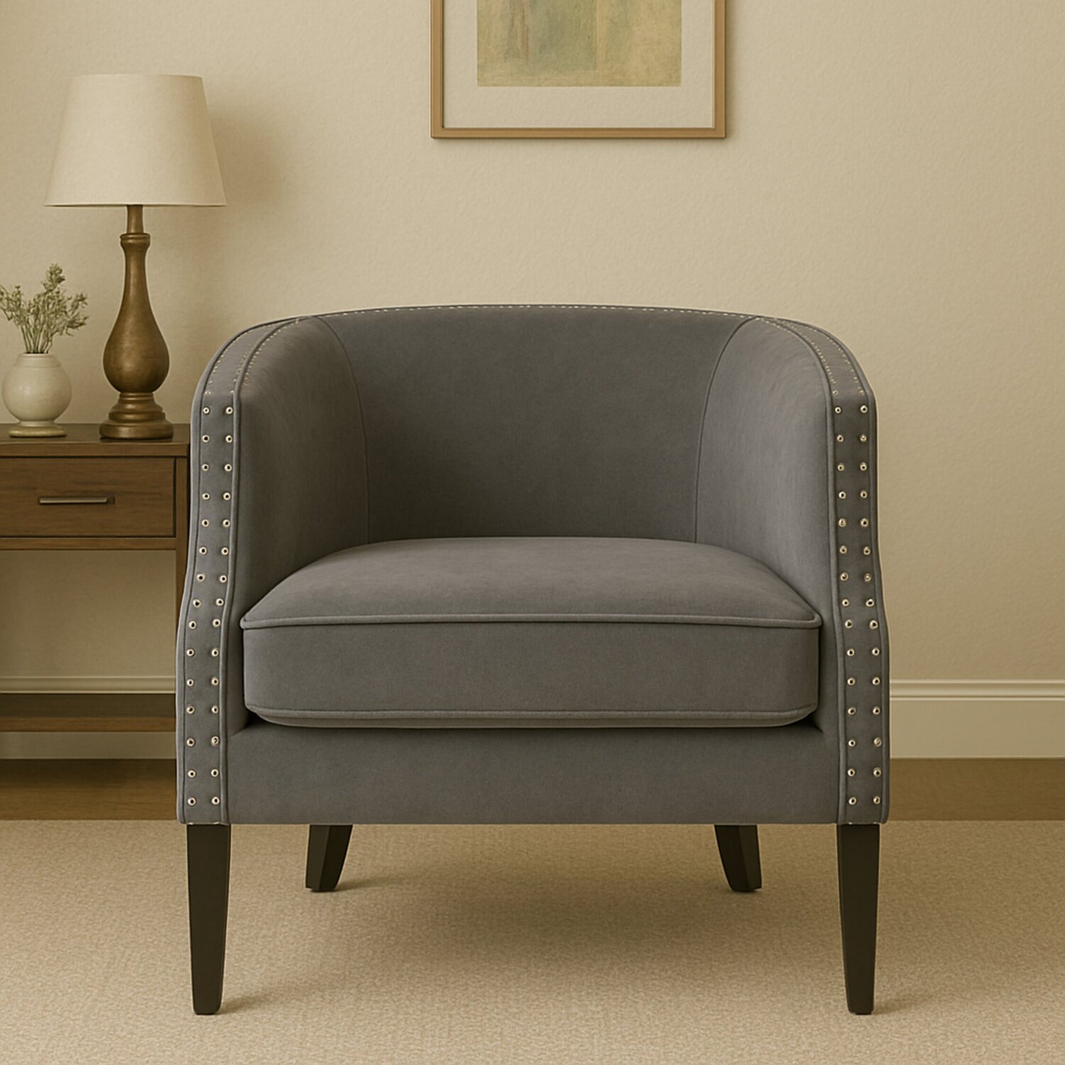 Larissa Grey Velvet Studded Chair - Grey