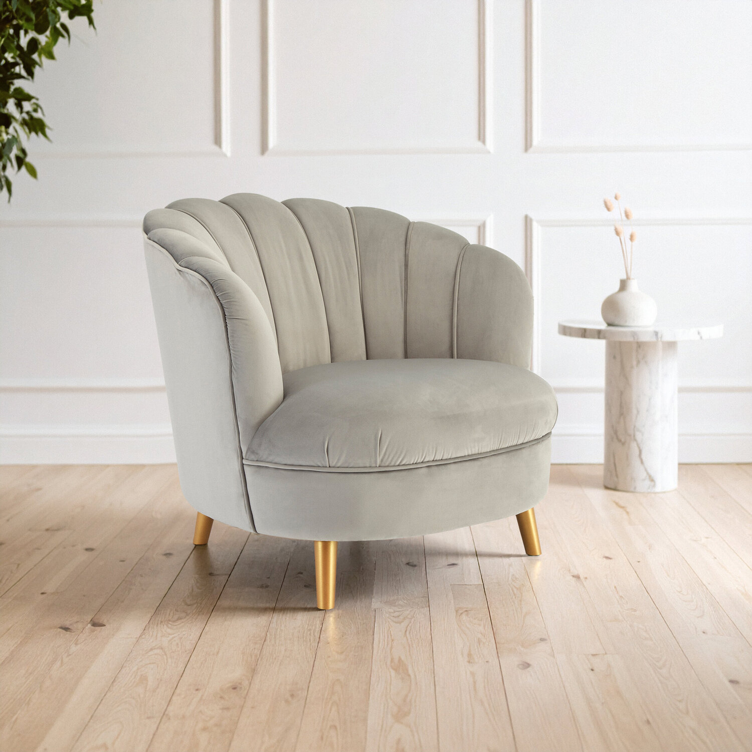 Orlina Grey Velvet Scalloped Curved Chair With Gold Wood Legs - Grey