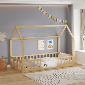 WestWood Wooden House-Shaped Toddler Bed Frame Single With Split Safety Guard Rail Natural