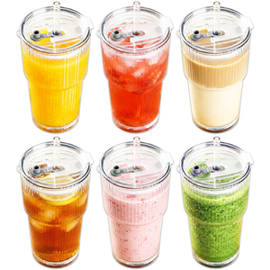 Glass Tumblers with Straws and Lids Thick Clear Ribbed 3-in-1 Cup Glasses (600ml Capacity, Pack of 6