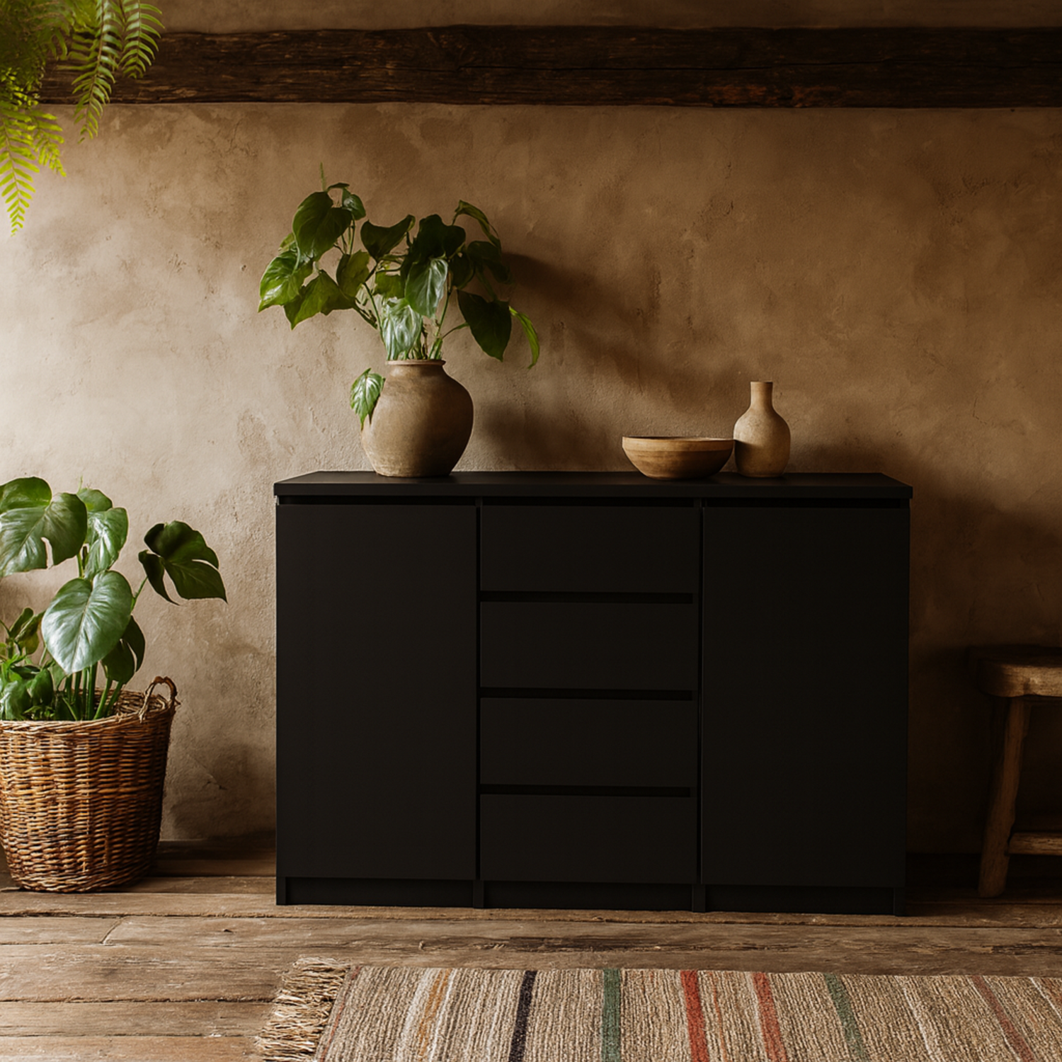 Budapest Matt Wooden Sideboard Compact 3 Drawers 2 Doors - Black