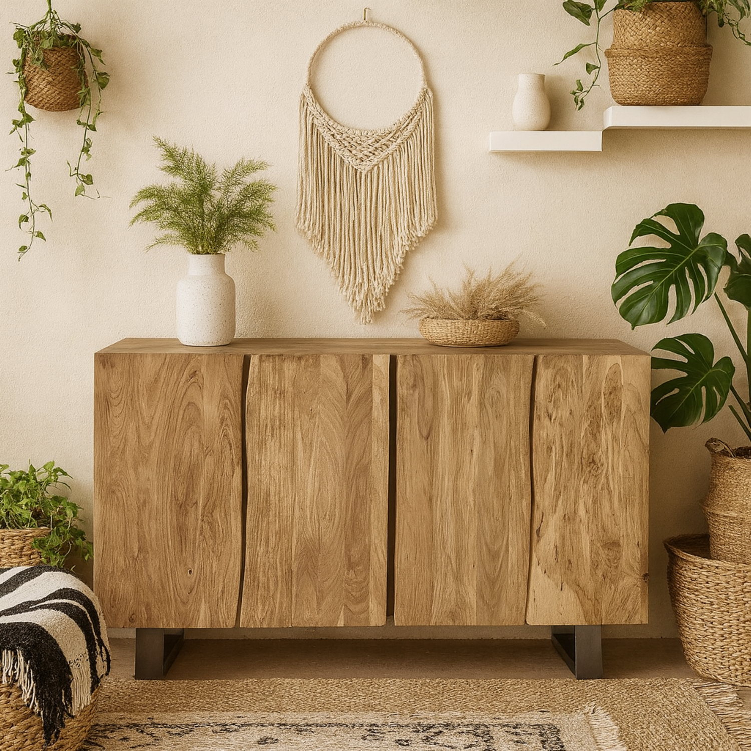Wellington Acacia Sideboard Solid Acacia 4 Doors - Brown