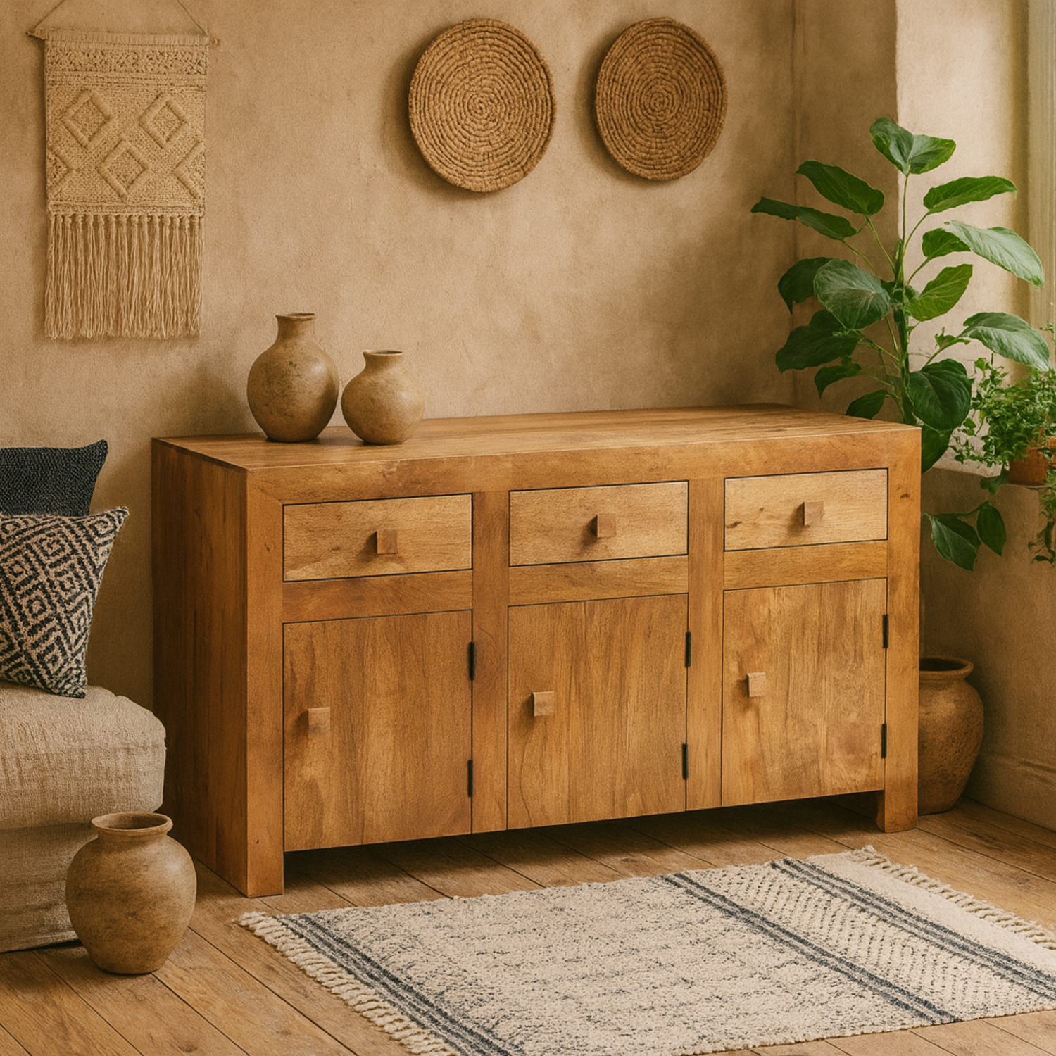 Manila Light Mango Wood Large Sideboard 3 Drawers 3 Doors Matt Finish - Brown