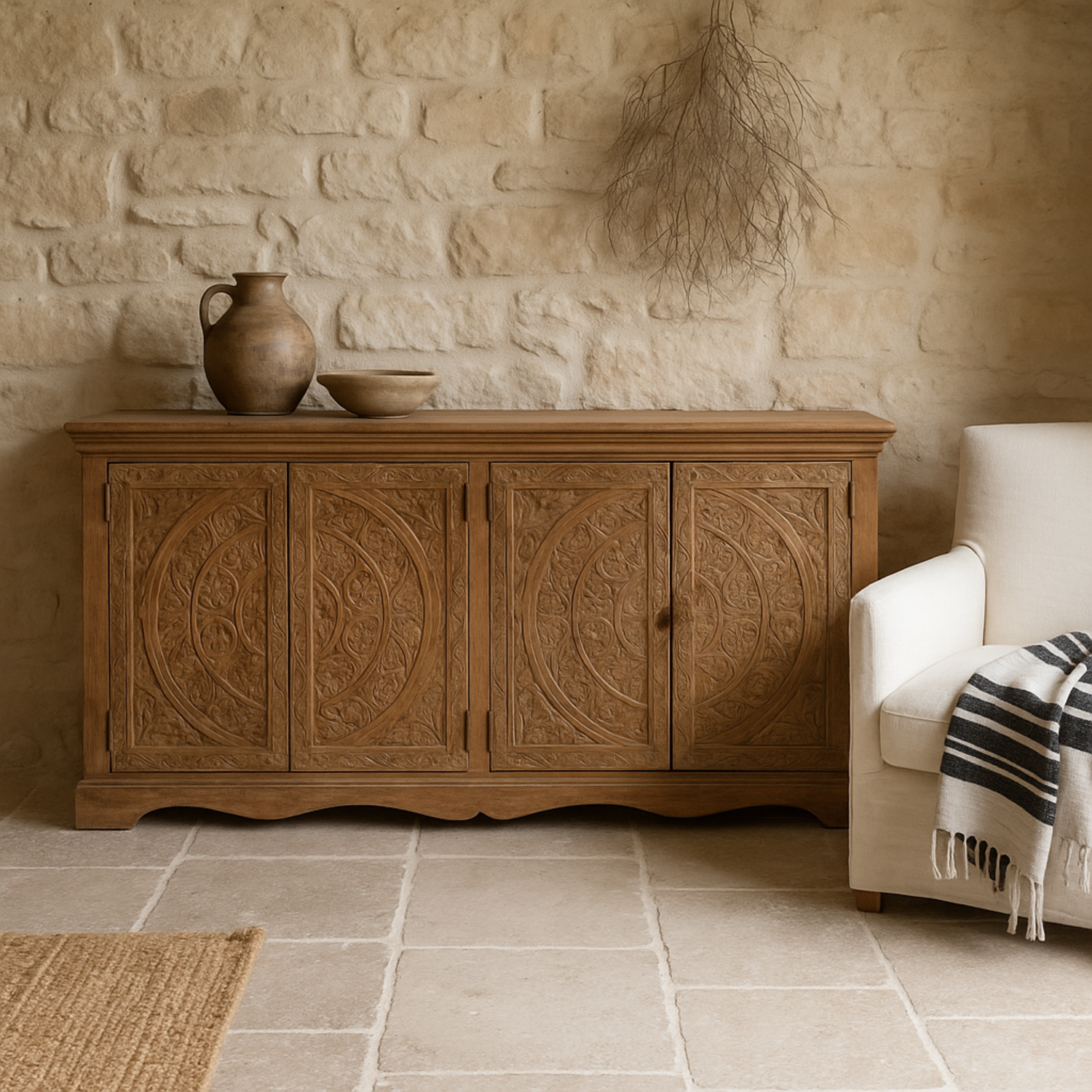 Brighton XL Whitewashed Mango Wood Sideboard 4 Doors Matt Finish - Brown
