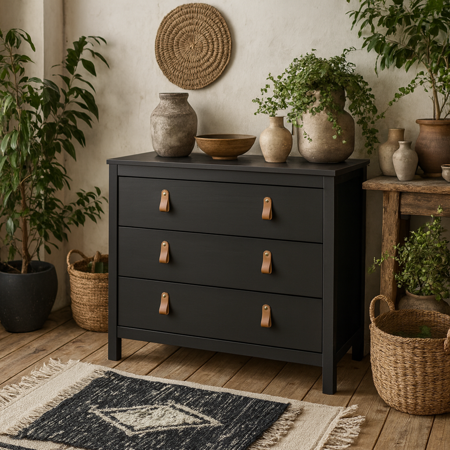 Wildberry Matt 3 Drawer Chest with Leather Strap Handles - Black