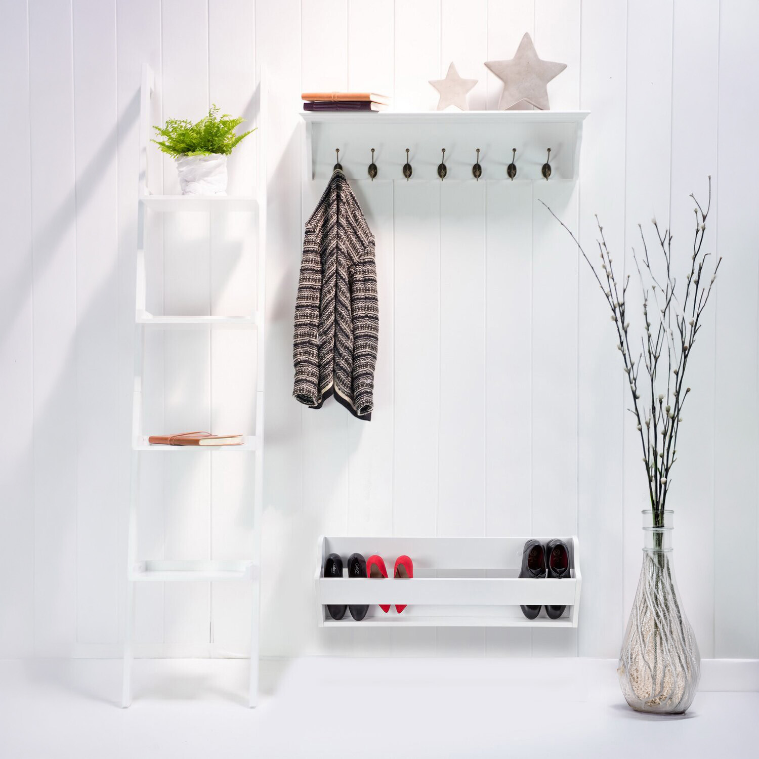 Richmond Wall Mounted Shoe Rack White Wooden Storage Organiser - White