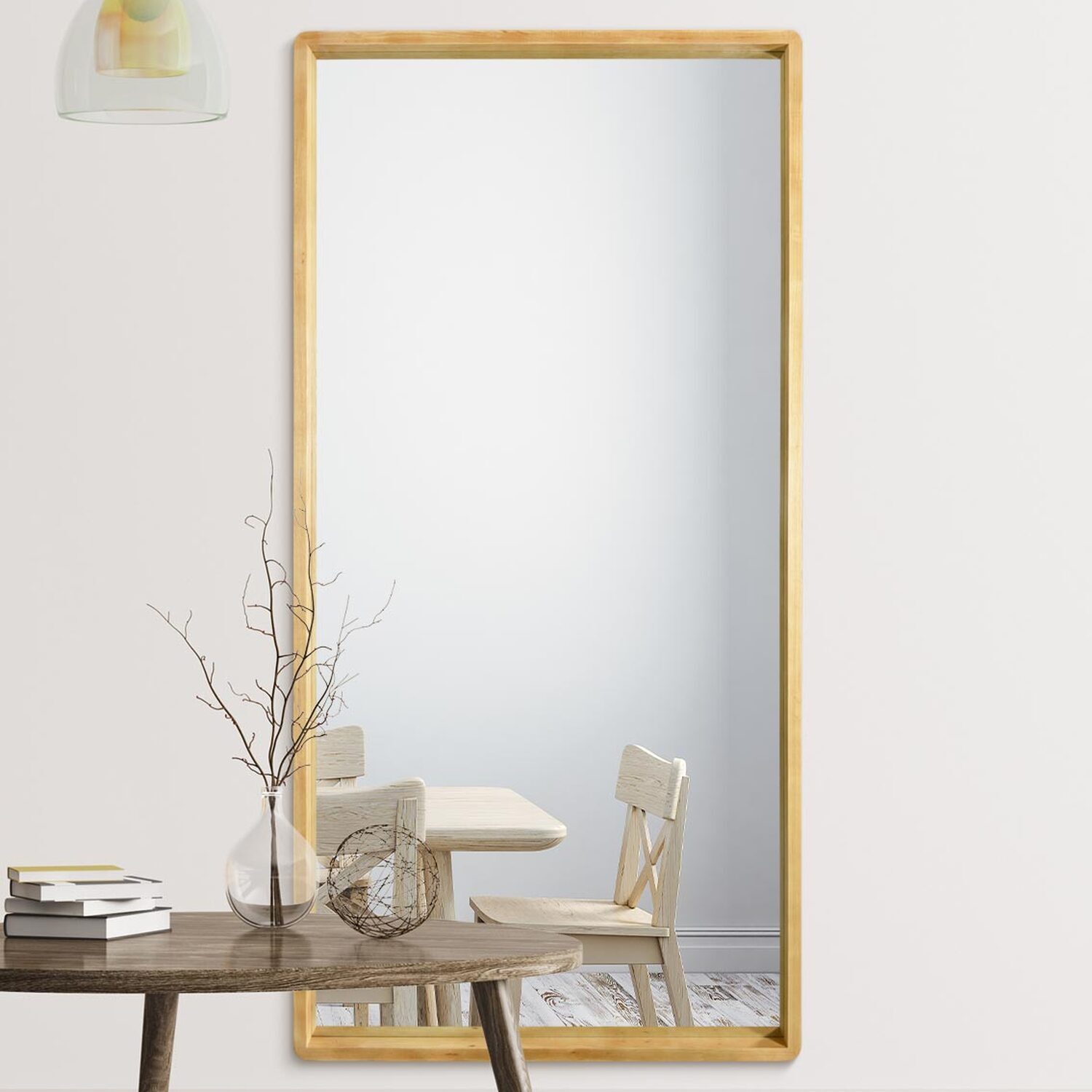 Solid Oak Rounded Corner Leaner Wall Mirror - Brown