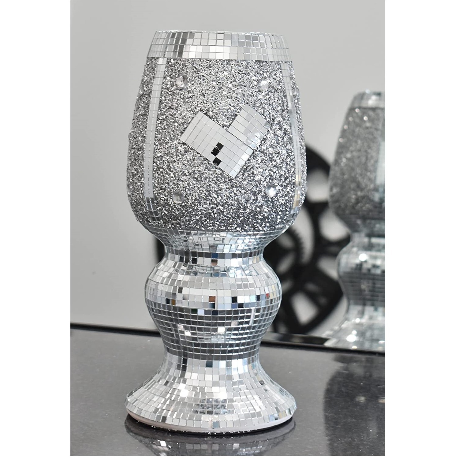 Silver Ceramic Mirrored Pot Vase Glitter Flower - Silver