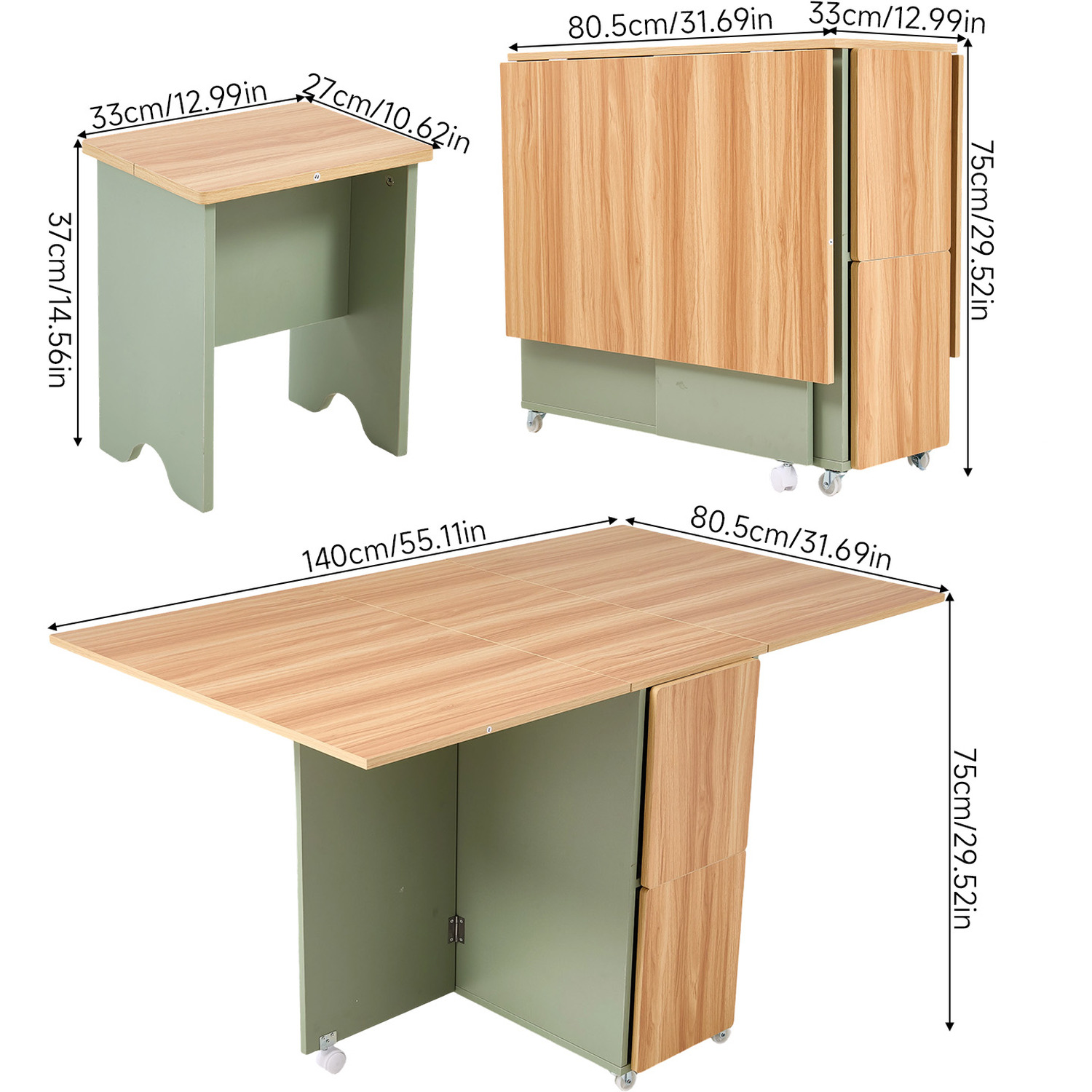 Space Saving Drop Leaf Dining Table With Four Stools - Natural Wood Green