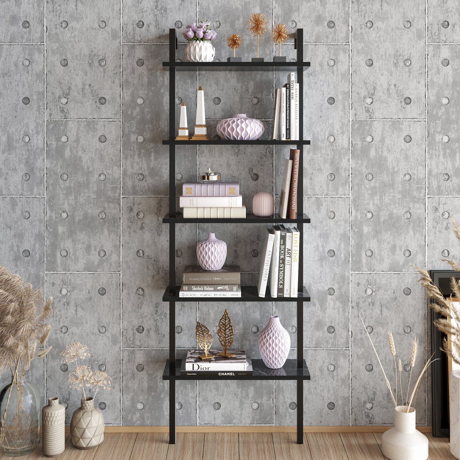 Piante 5-Tiers Modern Bookshelf - Black and Black Marble Effect