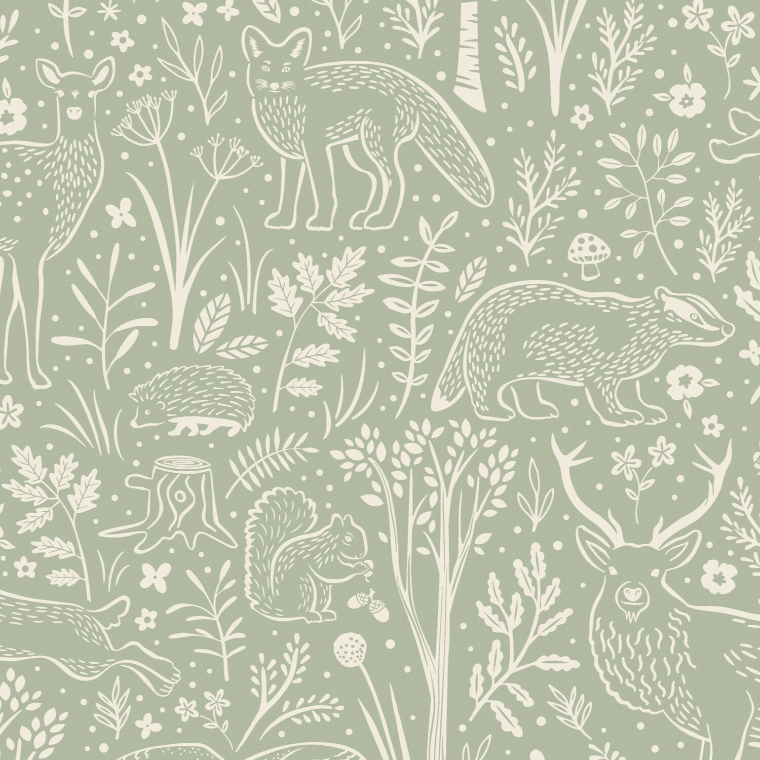 Rackhams Green Native Woodland Animals Nursery Textured Wallpaper, Sage - Image 3