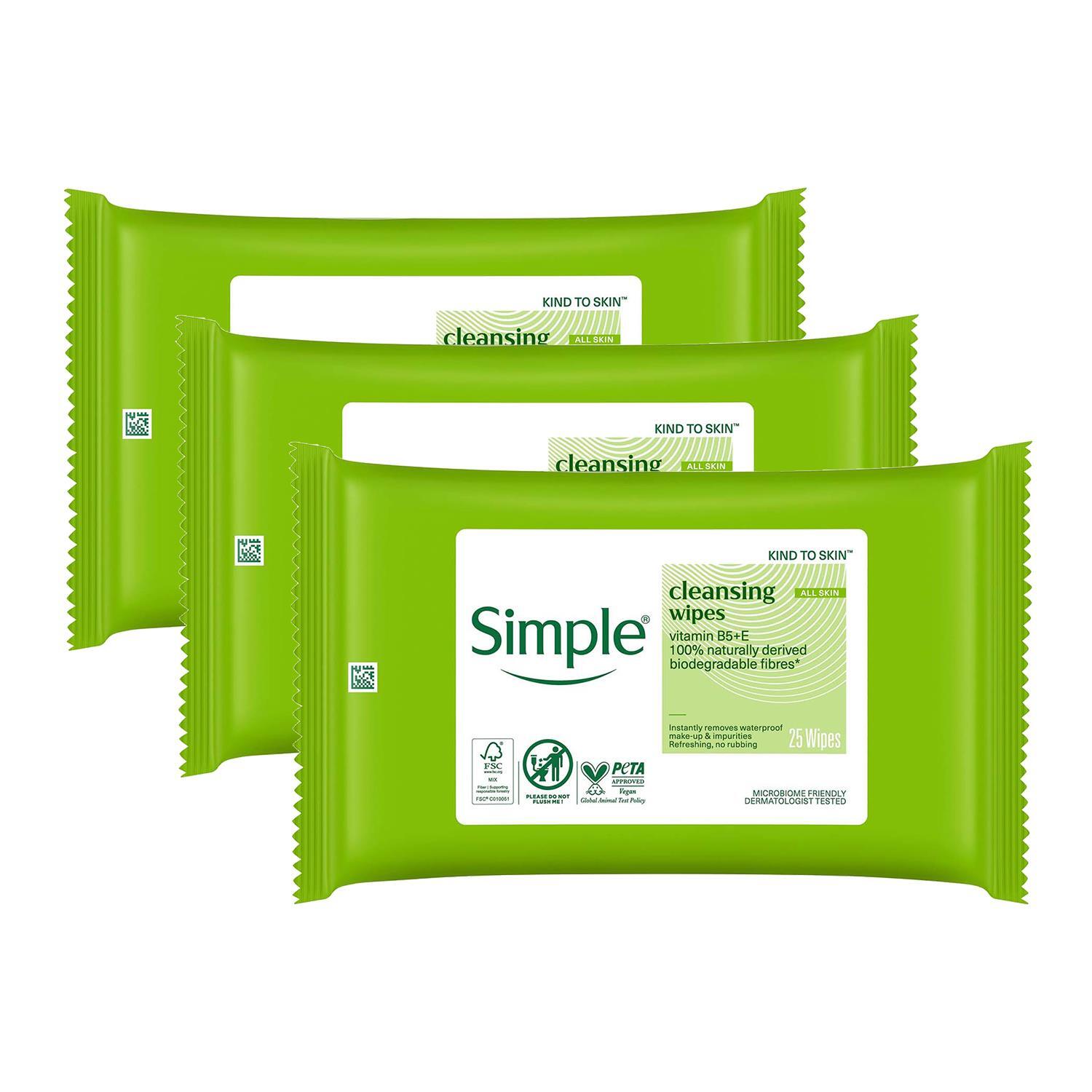 Simple Kind To Skin, Cleansing Wipes Sensitive Skin 3 Packs Of 25 Wipes - White