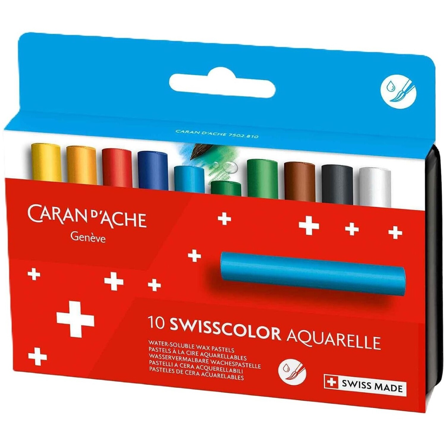 Caran D'ache Swisscolor Aquarelle 10 Water-Soluble Half-Length Wax Pastels - Boxed Set - Assorted Colours