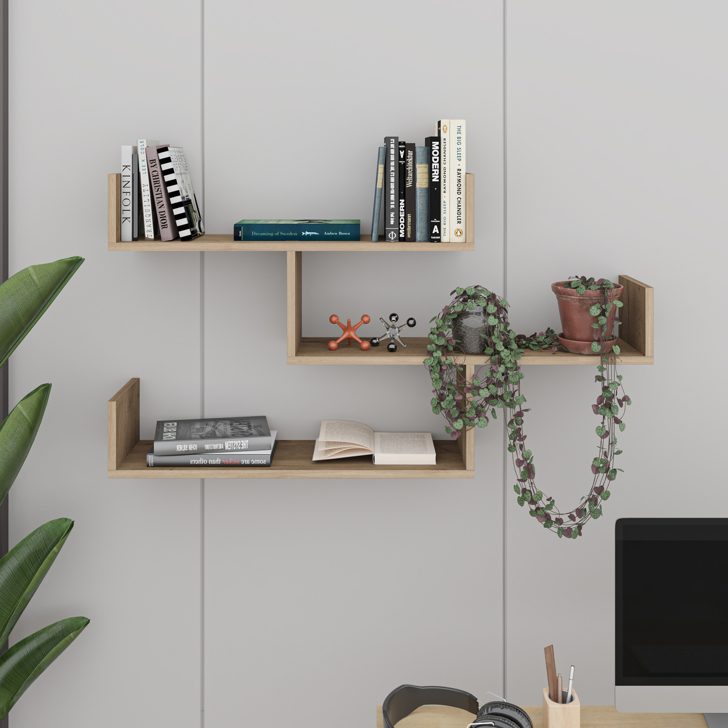 Decortie Tibet Wall Mounted Modern Bookcase Display Unit - Natural Oak