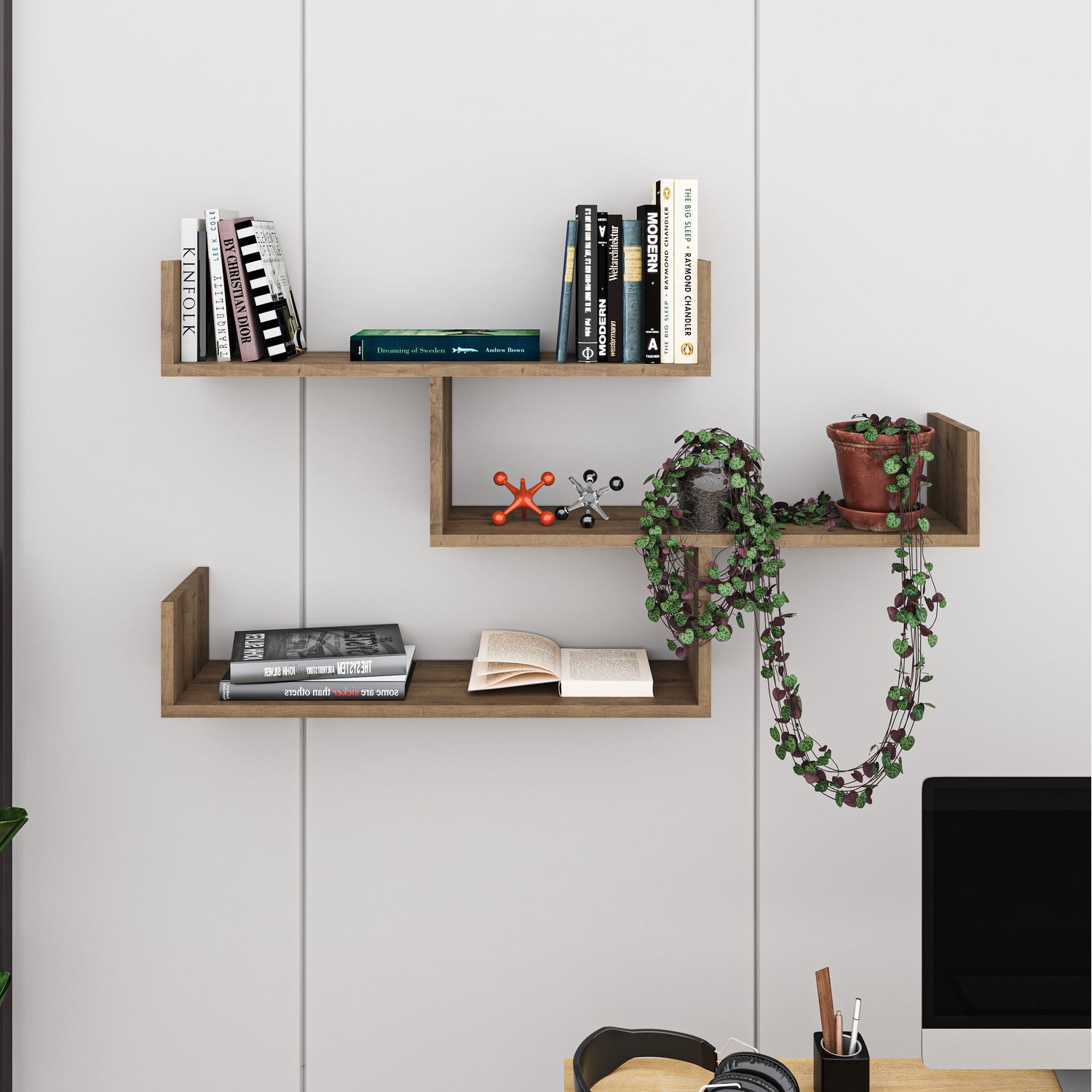 Decortie Tibet Wall Mounted Modern Bookcase Display Unit - Dark Oak Effect