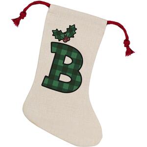 Green Tartan Alphabet Letter B Stocking - Novelty Xmas Gift - Linen-Style With Red Drawstring Ties