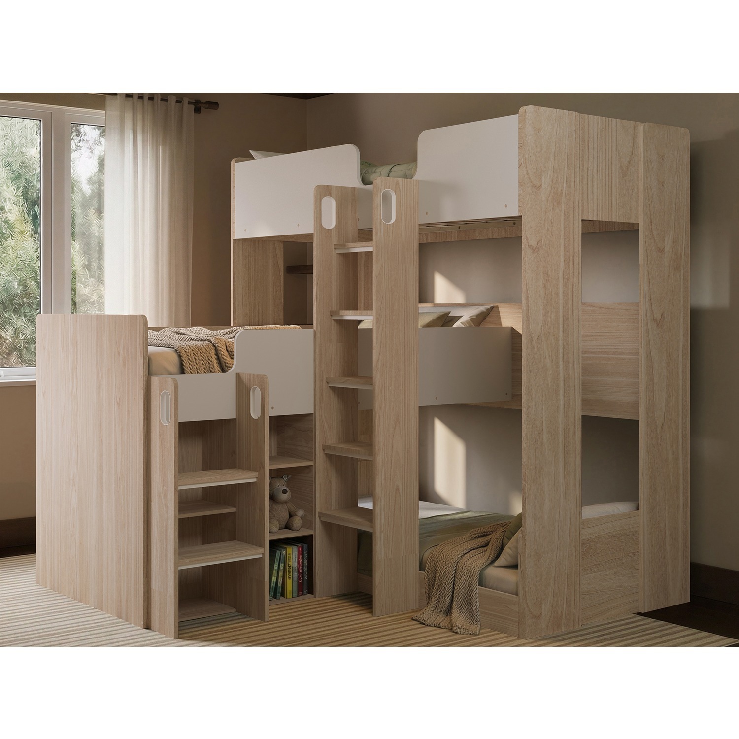 Flair Bode L-Shaped Triple Bunk Bed With Storage Shelves - Oak