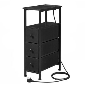 Slim Bedside Table with Charging Station LED Light 3 Drawers Black