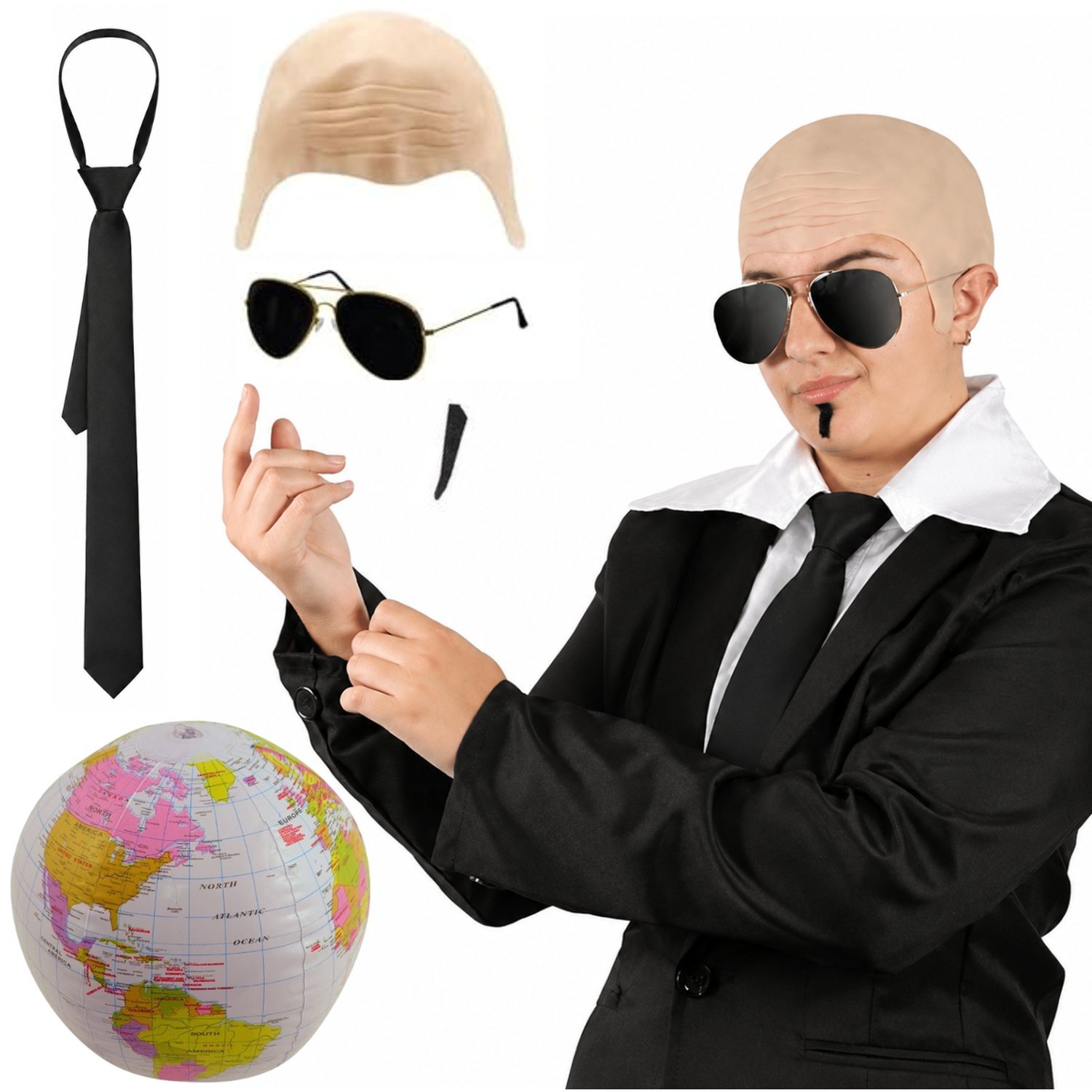 Adults Mr Worldwide Costume Kit Bald Cap Sunglasses Moustache Tie Globe 5 Piece - Image 2