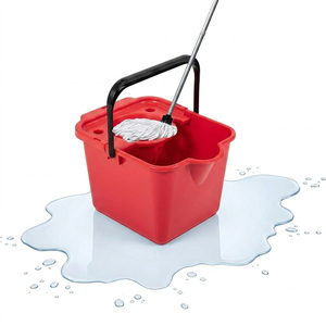 2 x Red 12L Cotton Mop & Bucket Set With Pouring Lip For Hard Floors