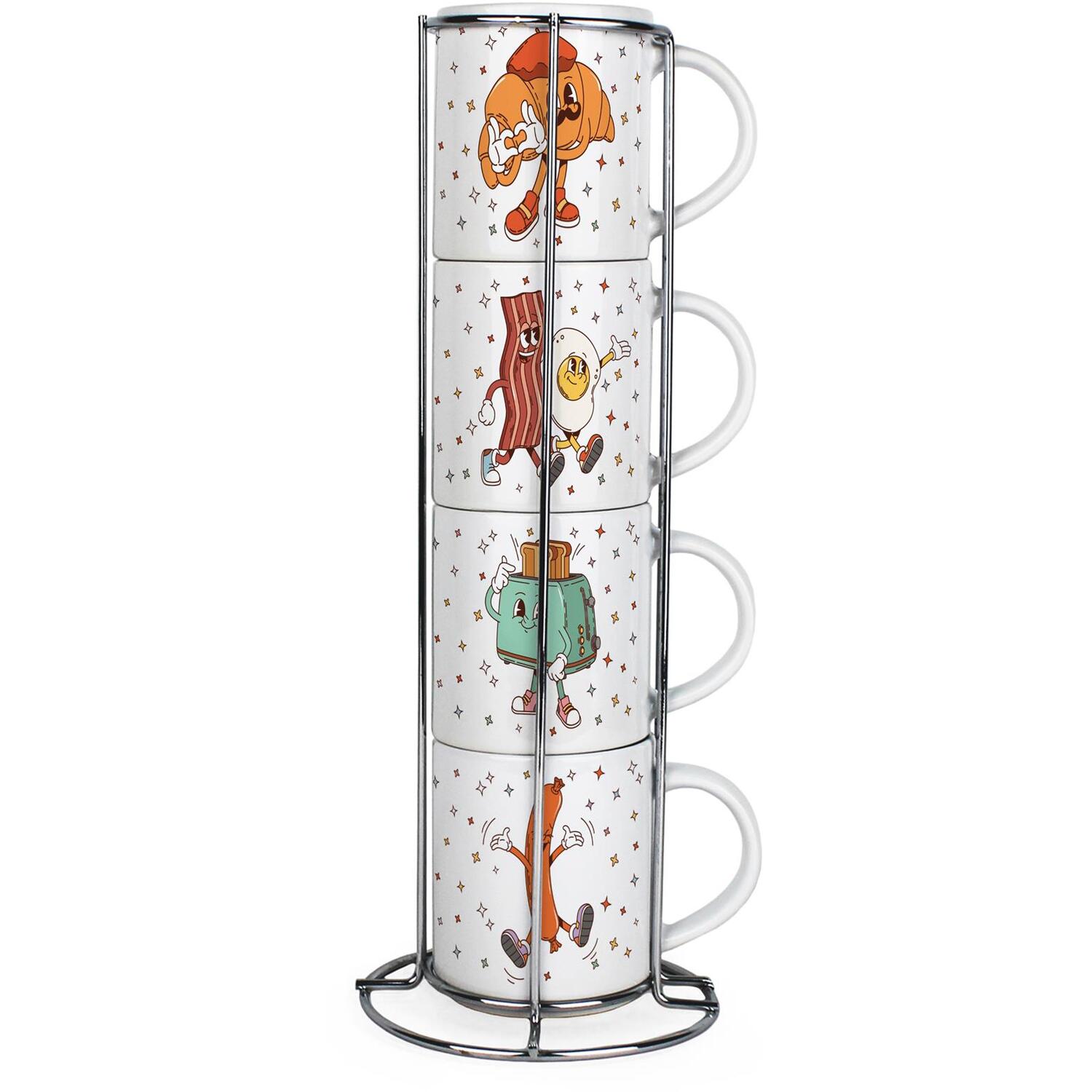 B&Q -  Novelty Retro Breakfast Stacking Mugs SetSet Of 4 Ceramic Mugs Gift Set With Metal Stand - Image 3