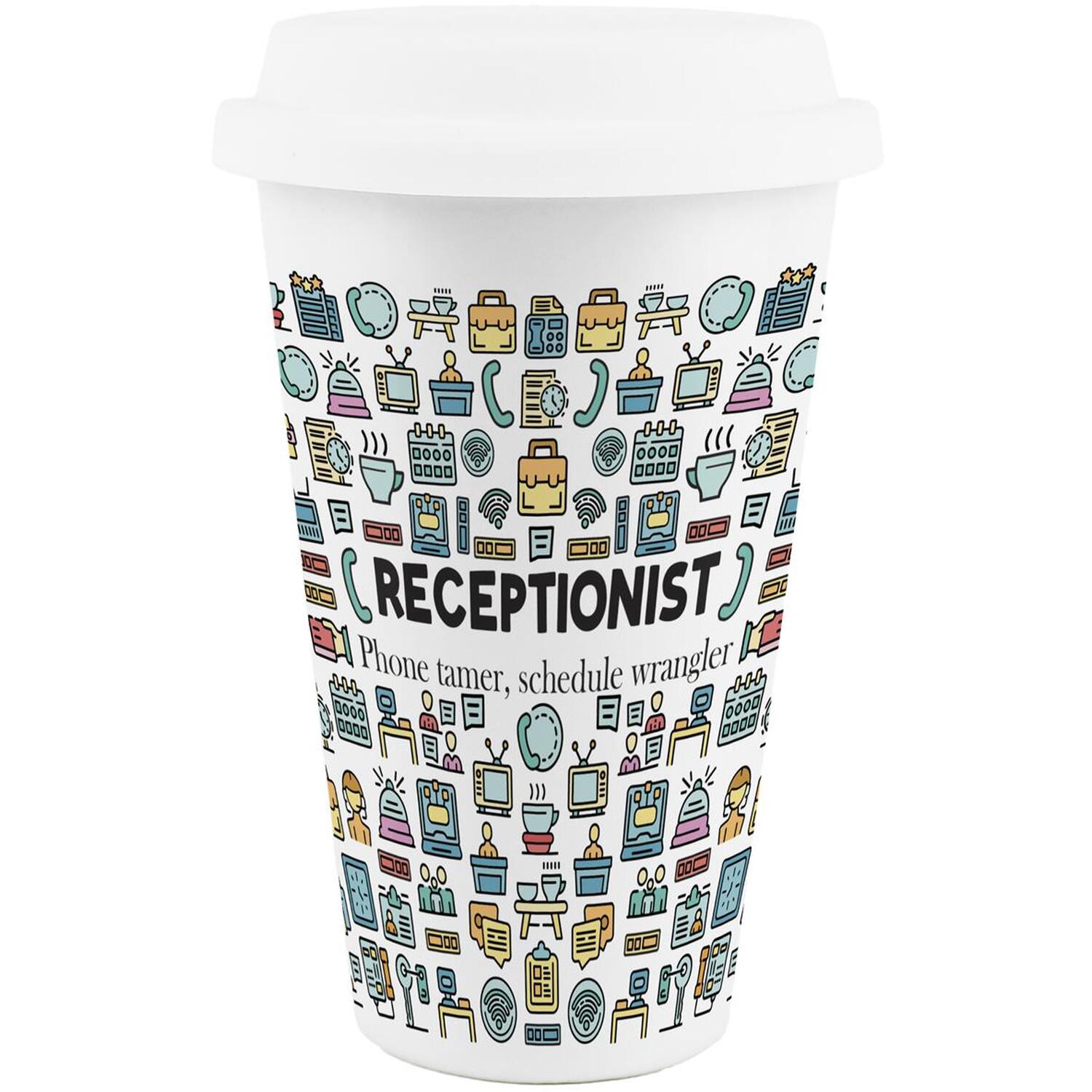 Purely Home Novelty Receptionist Ceramic Travel Mug - Reusable Drinks Cup Gift - White