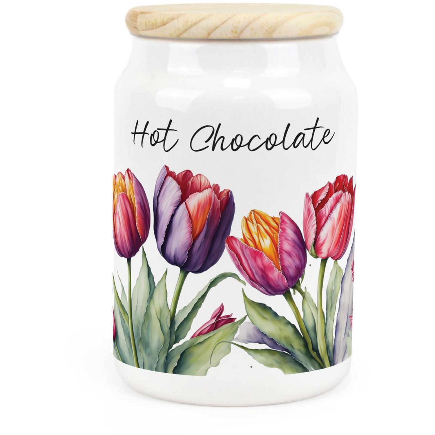 B&Q -  Tulips Ceramic Hot Chocolate CanisterPink & Purple Floral Gifts For GardenersKitchen Storage Container & Wooden Lid 600Ml - Image 3