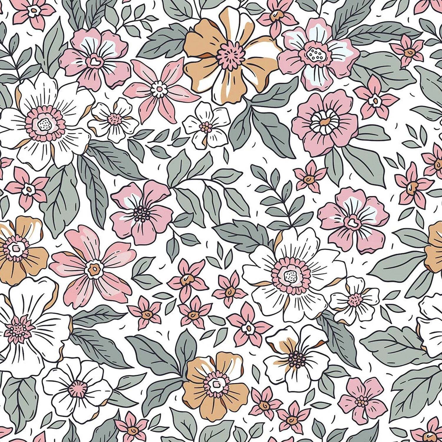 Gorgeous Gardenia Wallpaper Sample, Sage Green and Pink