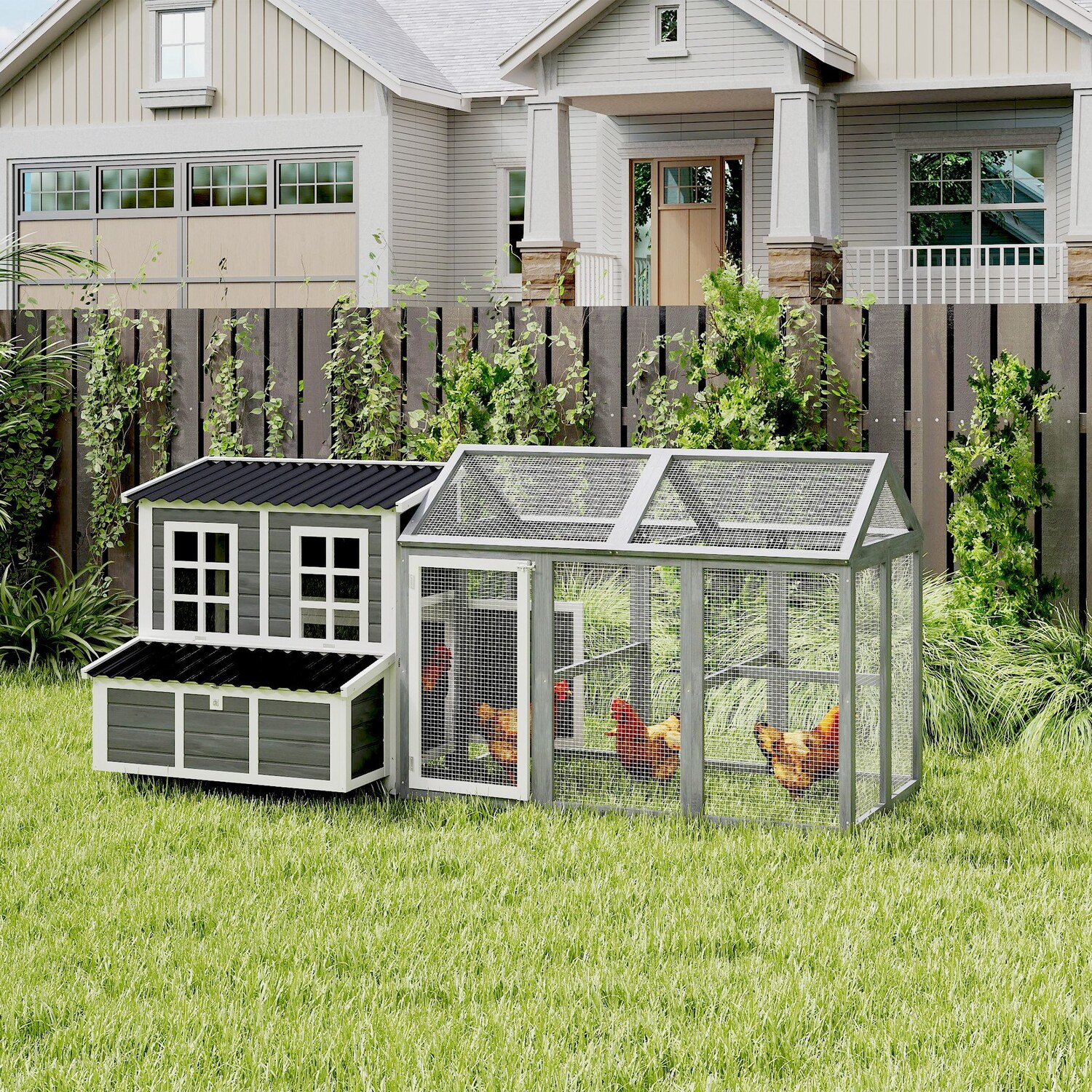 Pawhut Light Grey 2-Piece Wooden Chicken Coop And Run Set, Poultry Run Cage With Nesting Box, Slide-Out Tray, Roof, Perch - Image 2