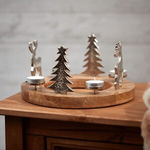 Stag & Christmas Tree Ring Tealight Holder Wooden Base