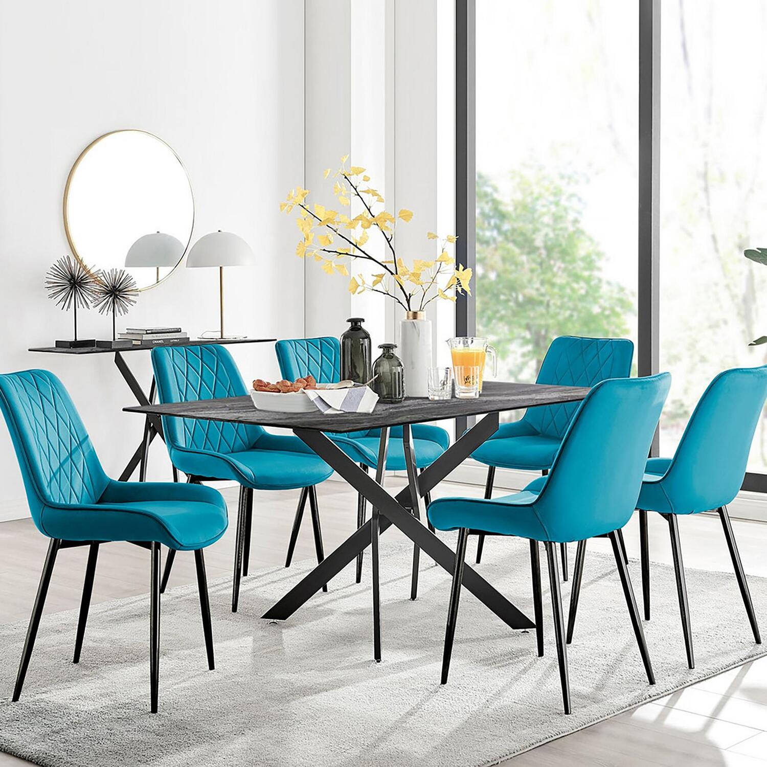Furnitureboxuk Leonardo Black Leg Glass Dining Table 6 Pesaro Black Leg Chairs - Blue