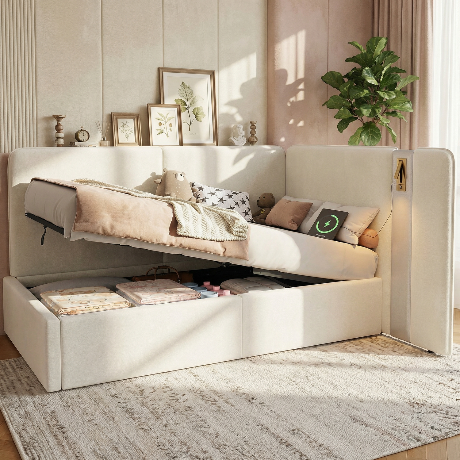 Aka L-Shaped Upholstered Daybed With Storage, Hydraulic Lift, Usb And Reading Light - Cream
