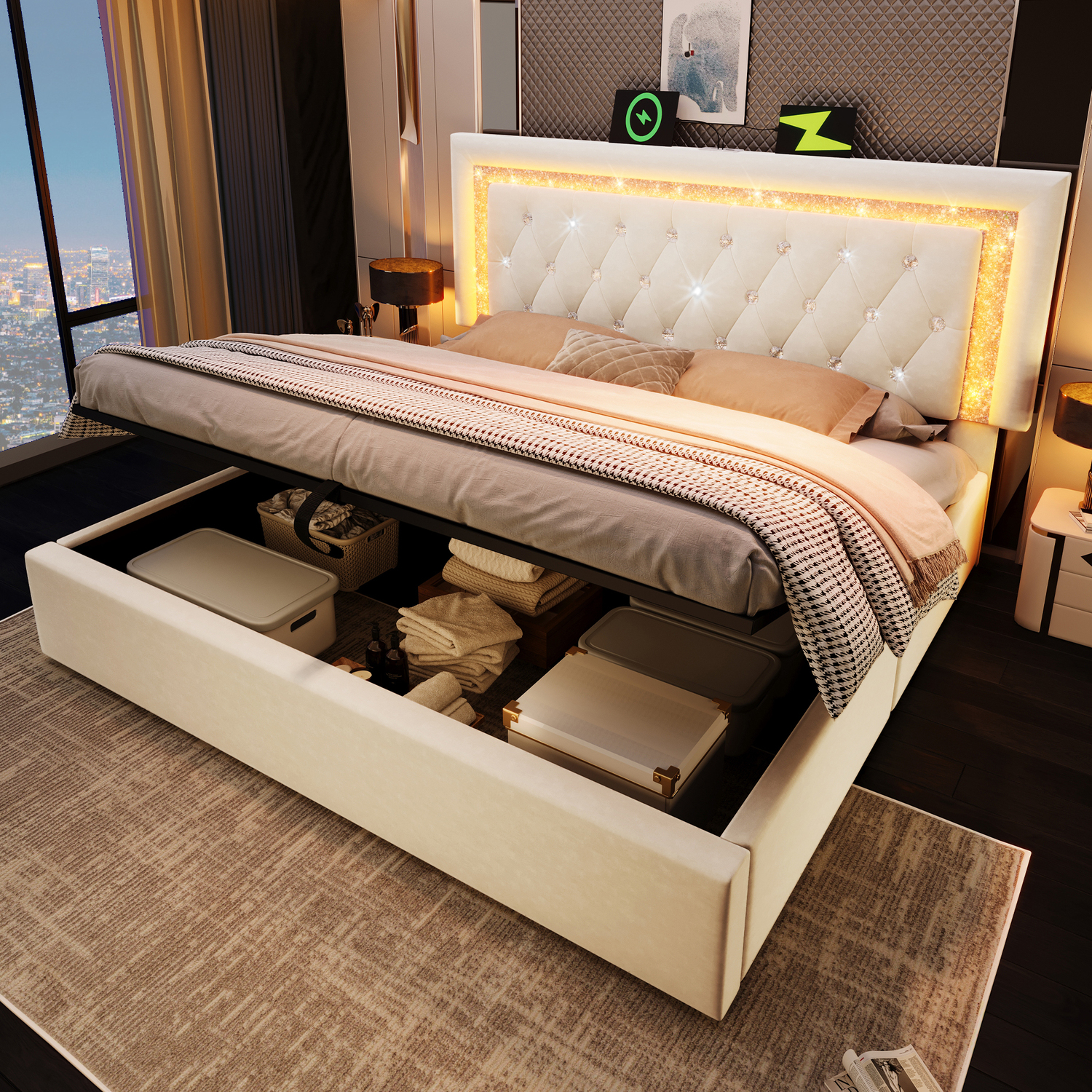 Aka Velvet Hydraulic Storage Bed With Led & Tufted Headboard - Cream