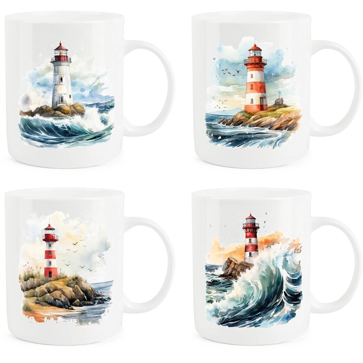 Purely Home Vintage Lighthouses Bone China Mugs - Set Of 4 - White